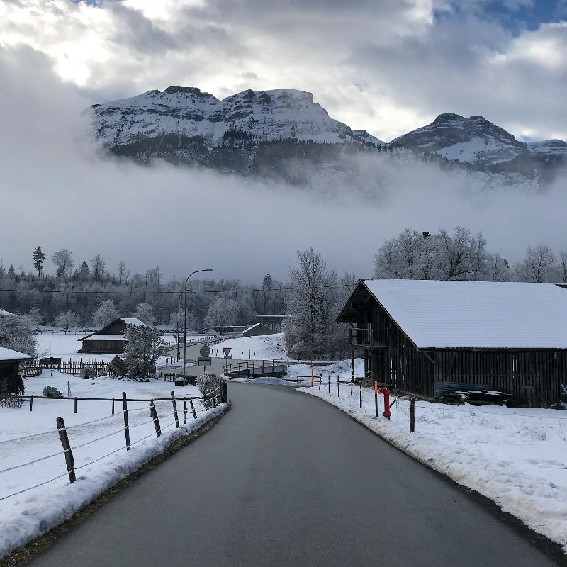 Snowy road in Interlaken, Switzerland